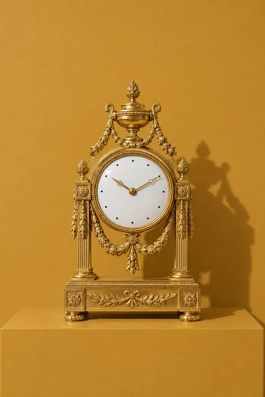 Vergoldete Louis-XVI-Pendule mit Urne und Girlanden auf ockerfarbenem Sockel (KI-Illustration)
